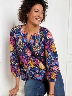 Talbots Pleated Sleeve Poplin Blouse Sz XS V-Neck Floral Medallion Bohemian EUC